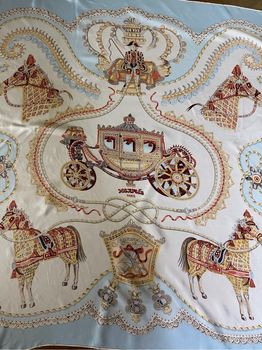 Hermes Silk Paperoles Carriage & Horse Print Scarf in Pale Blue and Cream.